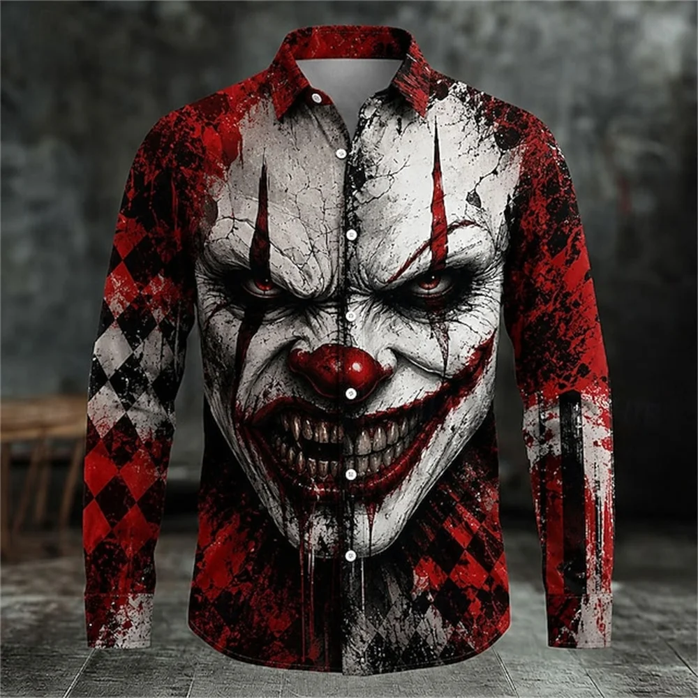 Halloween Men's Creepy Clown Casual Shirt Long Sleeve Horror Dark Casual Streetwear Party Graphic Long Sleeved shirt Cosplay Top