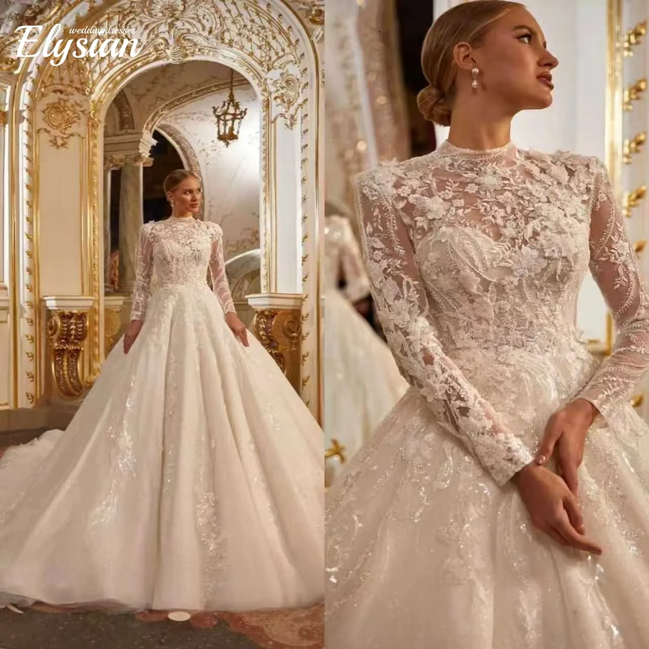 Скромное свадебное платье с высоким воротником и длинными рукавами по индивидуальному заказу, блестящее платье с блестками и бусинами для невесты, роскошное свадебное платье Robe De