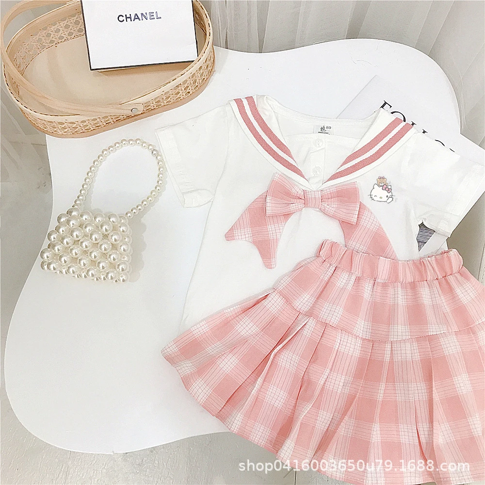 Kawaii Sanrio Hello Kitty Cinnamoroll Children Jk Uniform Set Baby Girl Bow Tie Short Sleeve T-Shirt Pleated Skirt Short Skirt