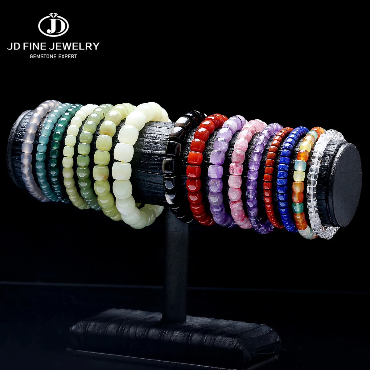 JD Natural Stone Hetian Jade Straight-Cut Barrel Bead Bracelets Women Men Charm Lucky Reiki Healing Stretch Bangles Jewelry Gift