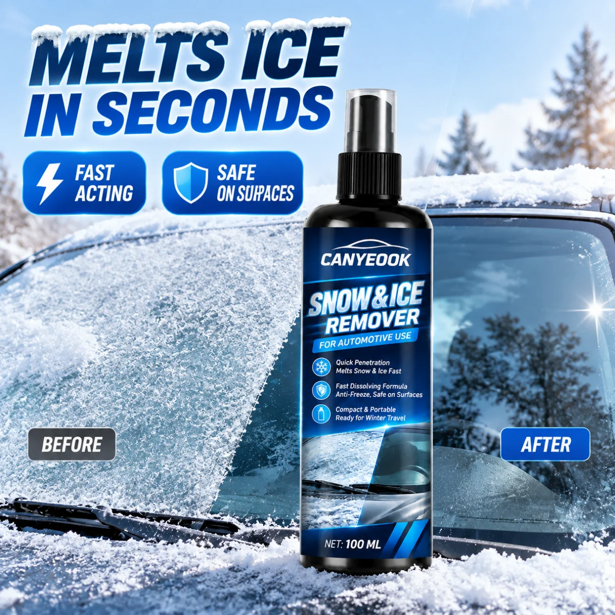 CANYEOOK Car Ice Snow Melter 100ml Fast Thaw Deicer for Windshield Window Mirror Safe on Paint Glass Portable Winter Auto
