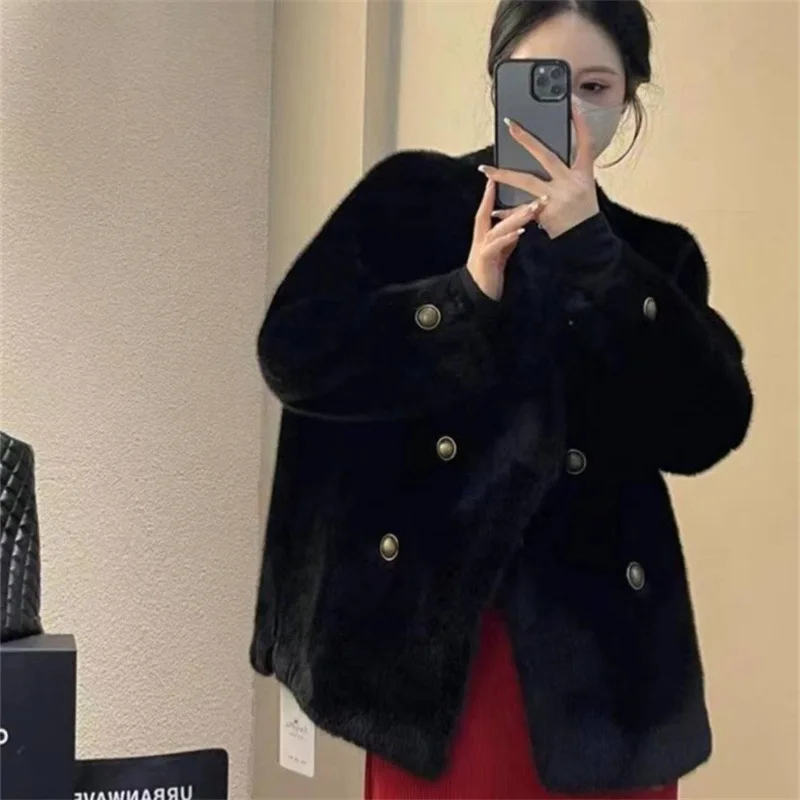 24 Winter New V-neck Small Fragrant Wind Gold Mink Fur Integrated Women's Environmental Protection Imitation Mink Fur Grass Coat