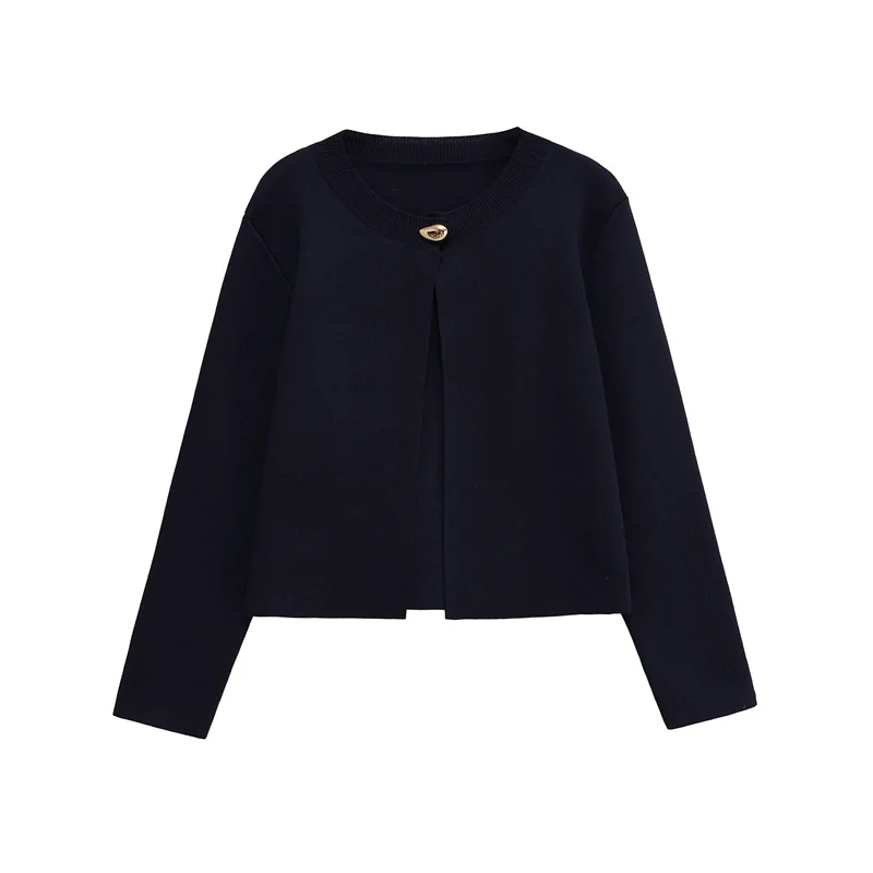 

Women's Jacket New Fall 2025 Navy Blue Long-sleeved Knit Jacket Gold Button Embellishment Casual Fashion Personality Versatile