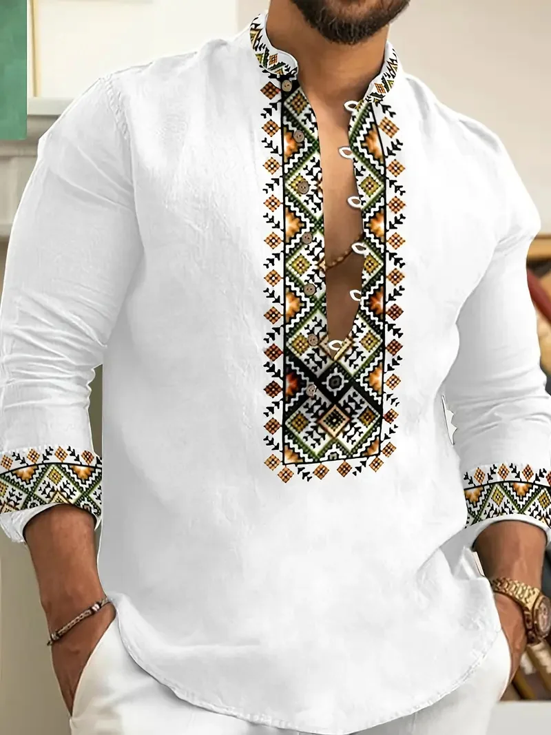 قميص رجالي جديد بأكمام طويلة بسبعة أزرار، قميص كاجوال للشاطئ الرملي، قميص من القماش المريح عالي الجودة