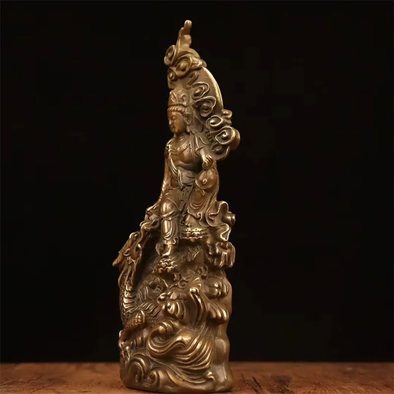 Kwan- Ornaments Antique Water And Moon Kuan-Yin Bodhisattva Home Worship Blessing Copper Buddha Statue South Sea Guany