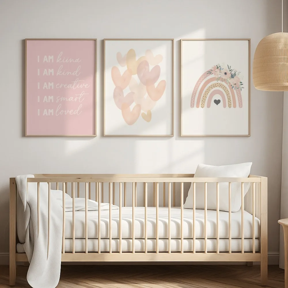 3pcs Frameless,Neutral Nursery Canvas Wall Art Print Bohemian Rainbow Heart Quotation Poster,Bedroom Living Room Home Wall Decor