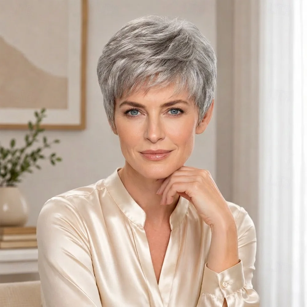 HAIRJOY Synthetic Hair  Short Silver Grey Layered Pixie Cut Wig for Older Women