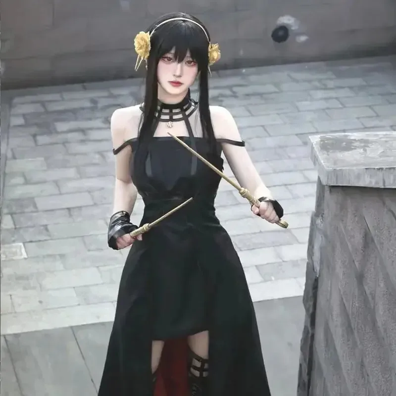 aa Bear House 002 Anime Spy X Family Forger Cosplay Gothic Halter Black Dress Leather Stockings Outfit Yor Earring WWAT99 ★ ★
