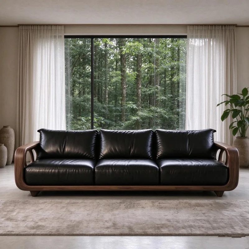 Italian light luxury black walnut straight row sofa, large living room three-person sofa