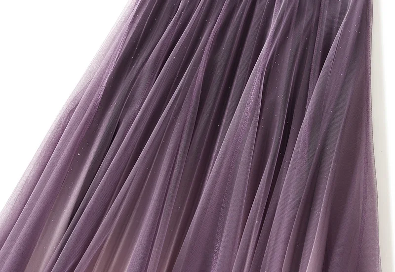Starry Gradient Chiffon Pleated Long Skirt for Women, Solid Color 3-layer A-line High Waisted Autumn and Winter Big Swing Skirt
