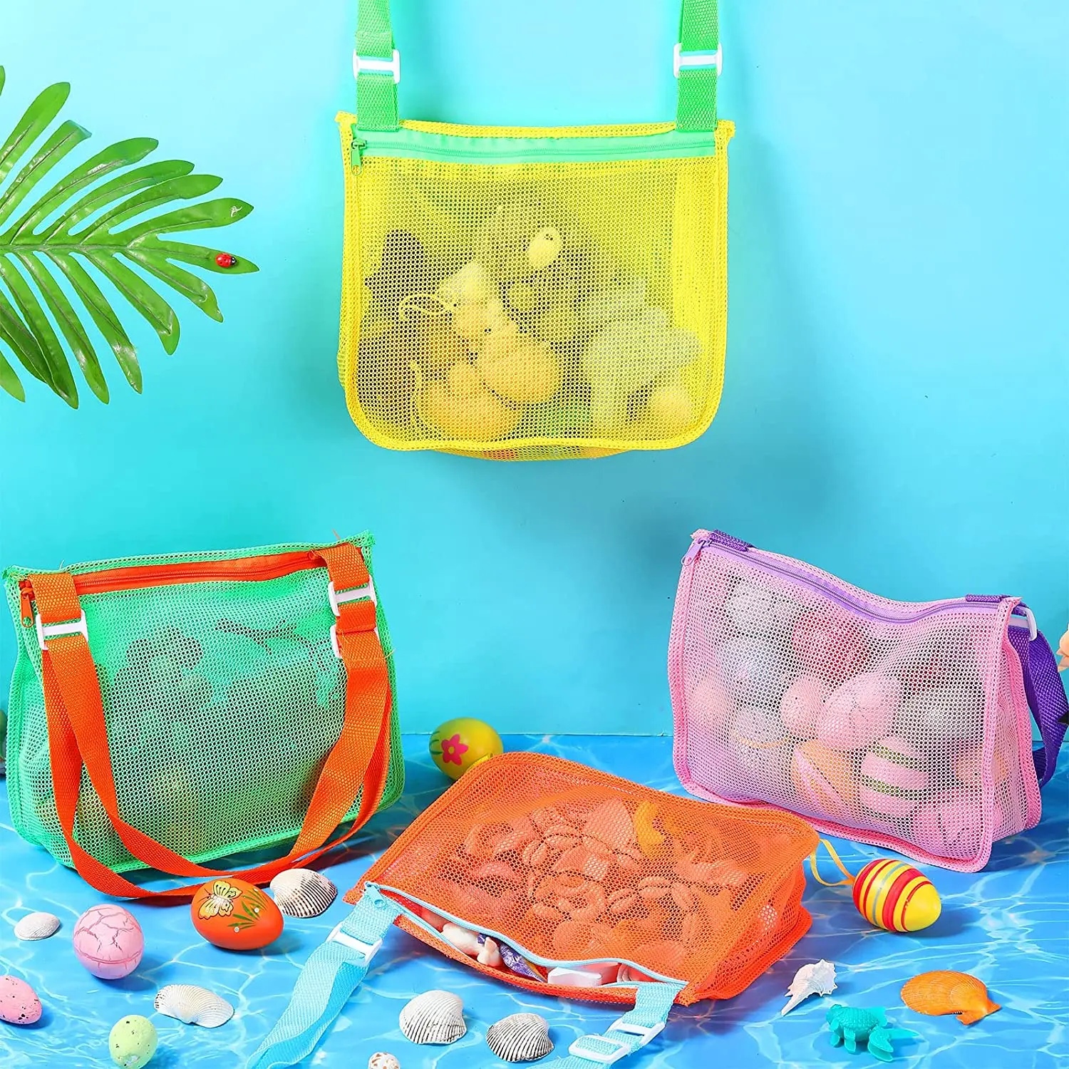 Bolsa de playa de malla para niños, de 10 piezas bolsa de arena, de viaje, para recoger conchas, accesorios de natación