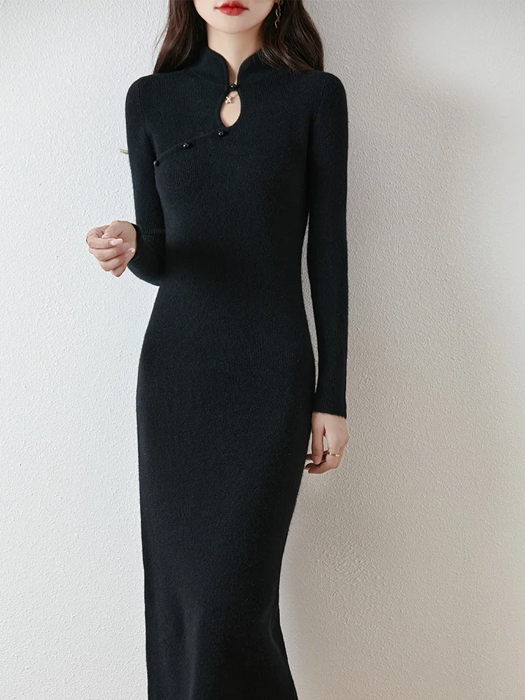 

Облегающее платье-пуловер из 100% чистой шерсти в китайском стиле, женское осенне-зимнее кашемировое вязаное платье с воротником-стойкой в стиле ретро