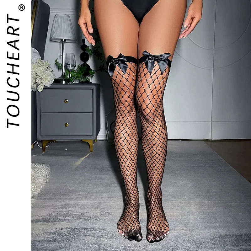 

Toucheart Fishnet Stockings Hollow Out Sexy Bow Solid Color Medium Large Mesh Women's Fishnet Stockings Long Fishnet Stockings