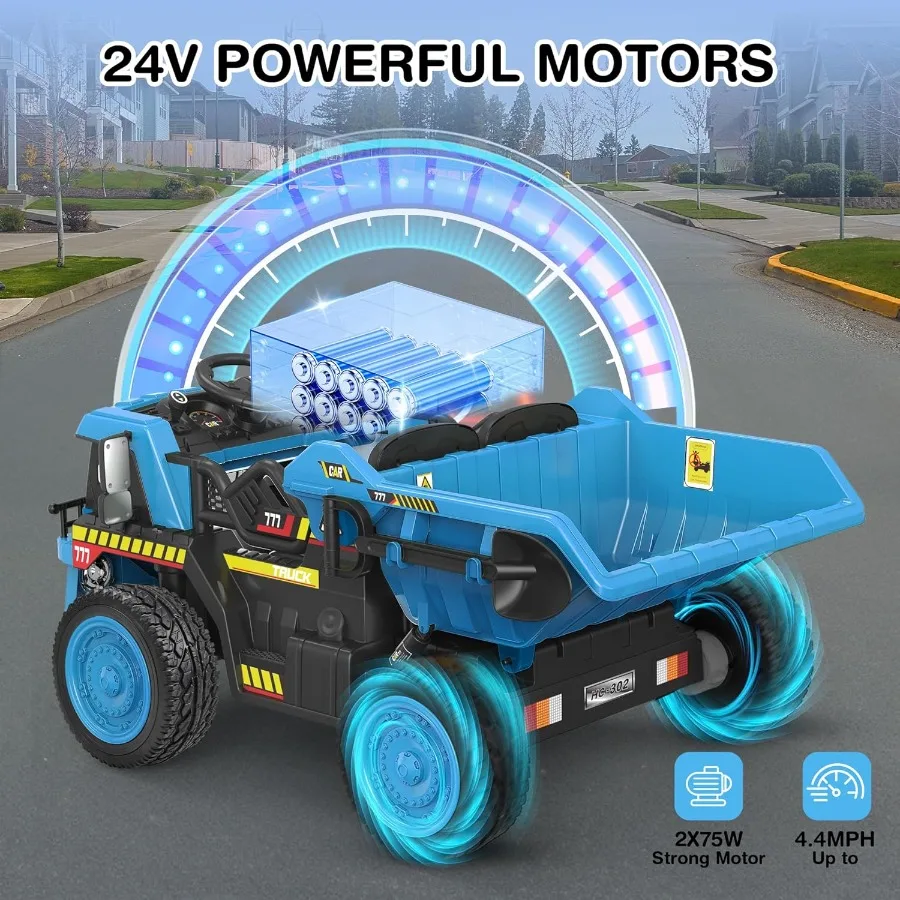 Camión volquete de 24 V, motores potentes de 2 x 75 W, hasta 4,4 mph, neumáticos EVA, vehículo de construcción con cama volquete eléctrica y pala adicional