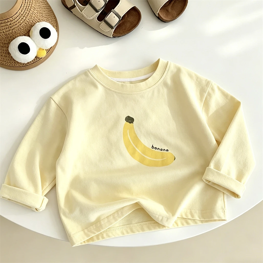 Banana Apple Print T-shirt Long Sleeve Base Shirt Infant Solid Color All-match Base Shirt Thin Cotton Spring Clothes Baby Tees