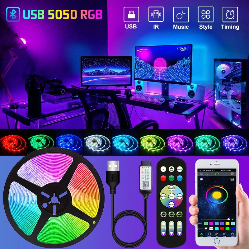 USB LED Strip Light com Bluetooth, luzes RGB flexíveis, lâmpada de TV, tela desktop, luz de fundo, fita de diodo, 5050, 5V, 1m-30m