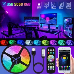 USB LED Strip Light com Bluetooth, luzes RGB flexíveis, lâmpada de TV, tela desktop, luz de fundo, fita de diodo, 5050, 5V, 1m-30m