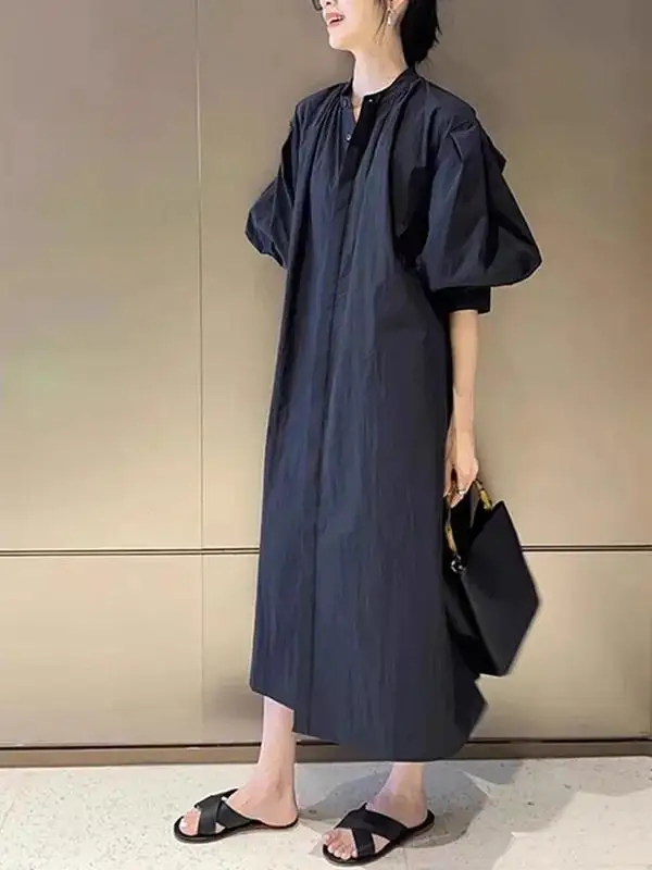 Hebe Style Bubble Sleeve Dress Women Summer plus Size Loose Slimming Belly Covering Tea Break Elegance Long Dress