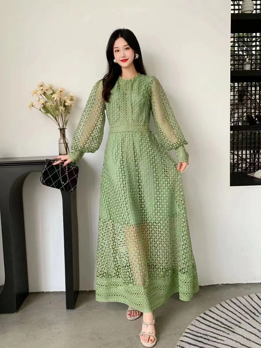 Embroidery Lace Evening Dresses Women 2023 Summer Autumn Hollow Out Long Sleeve Midi Party Vestidos Fashion Runway