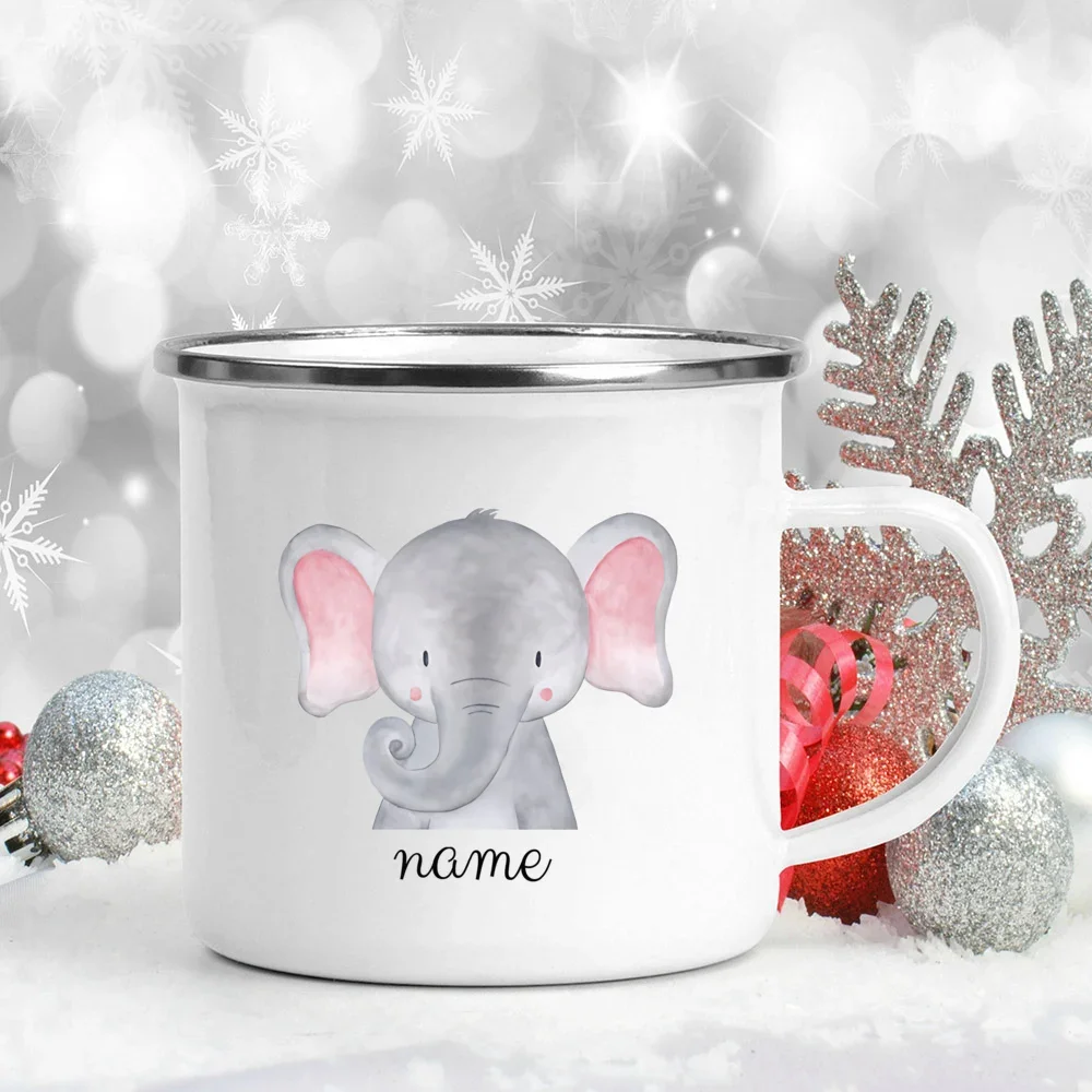 Caneca personalizada do esmalte com nome para crianças, Copa do acampamento, animais da floresta, presente do bebê