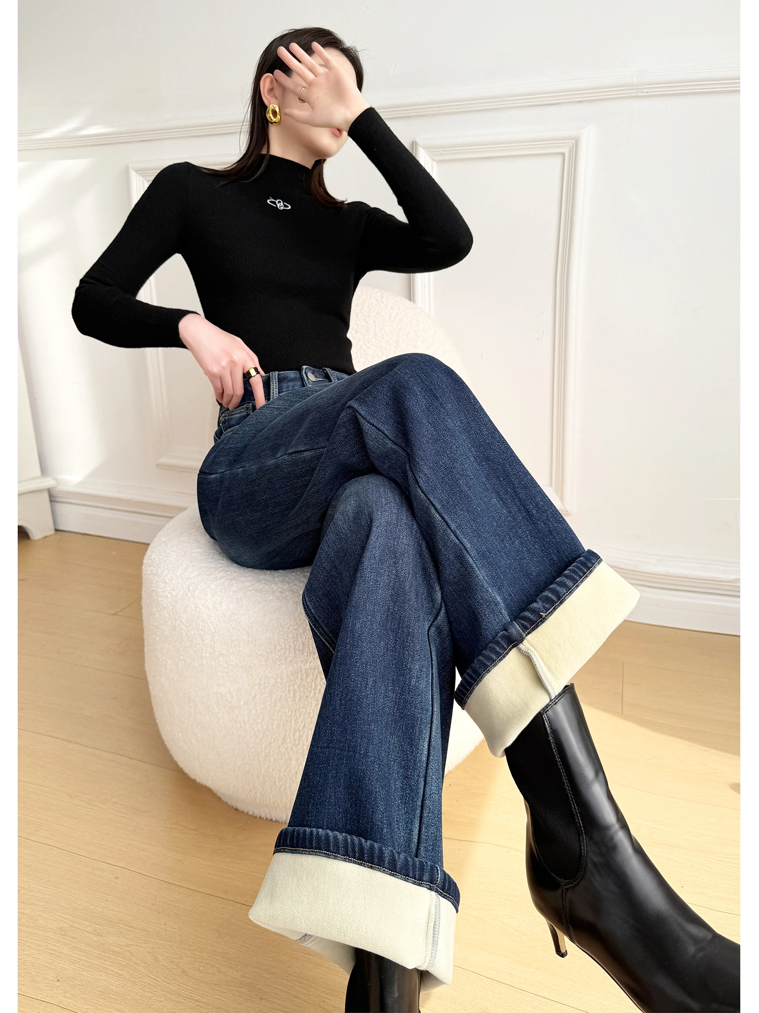 

Широкие джинсы с высокой талией, женские осенне-зимние синие удлиненные облегающие брюки прямого кроя из хлопка, эластичные джинсовые брюки, более высокие дамы