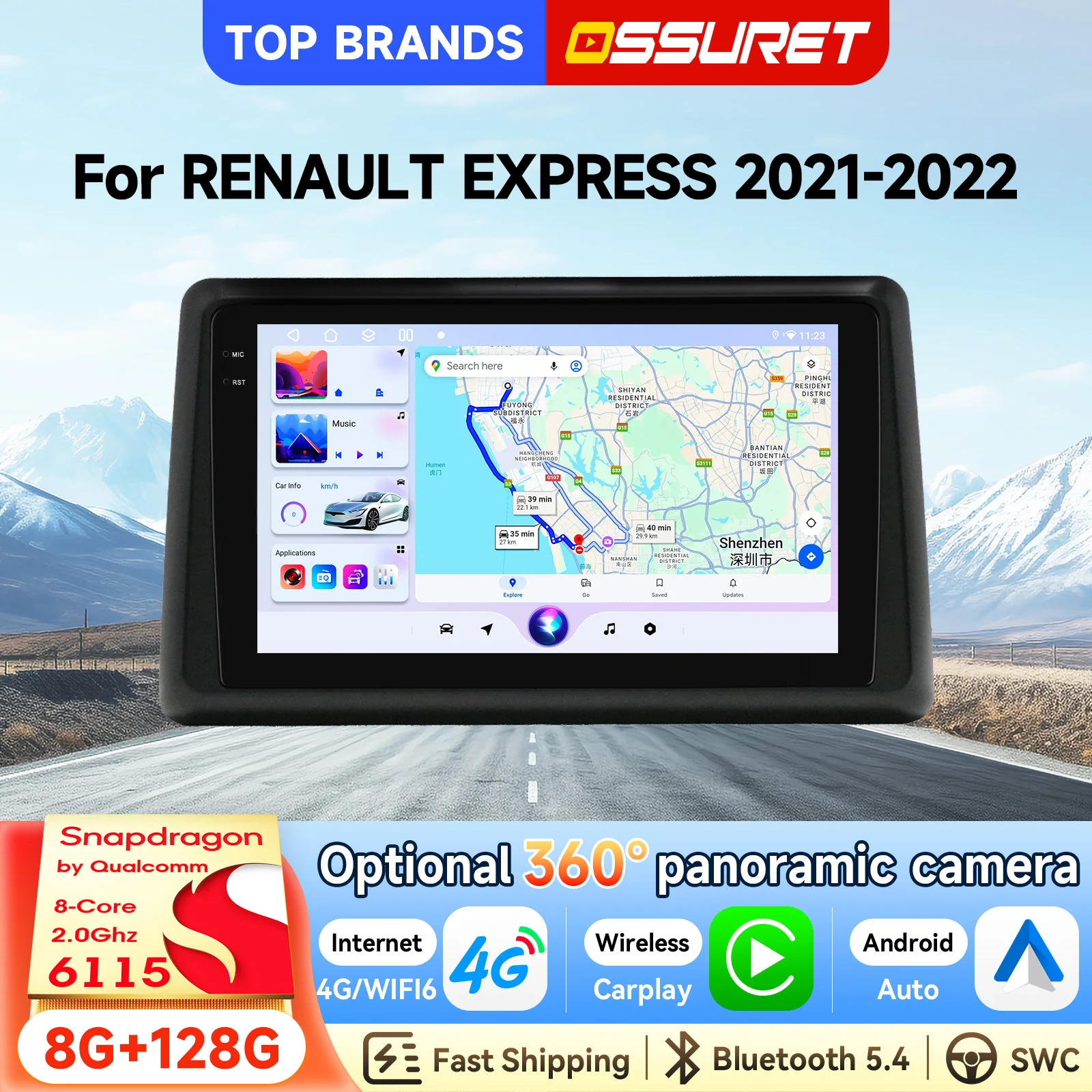 OSSURET Schnelle Lieferung 9 Zoll 2 Din Android 14 Autoradio für RENAULT EXPRESS 2021 2022 mit Qualcomm Snapdragon 6115 Octa Core GPS-Navigation Bluetooth Freisprecheinrichtung SWC Wireless Carplay