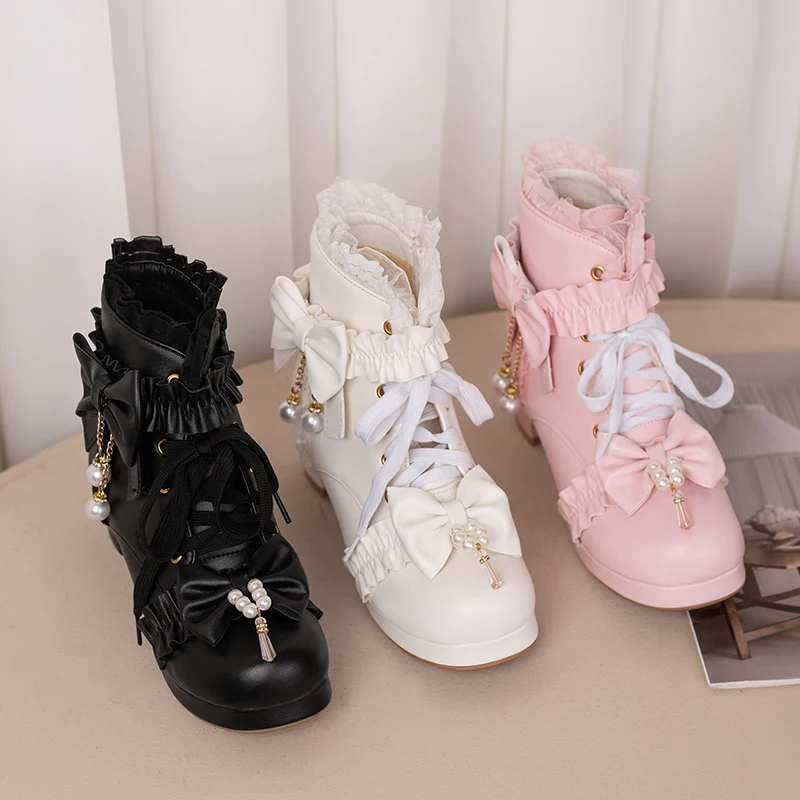 Autumn Winter Block Chunky High Heels Ankle Boots Women Black White Pink Zipper Lolita Girls Booties Office Lady Shoes 34-43