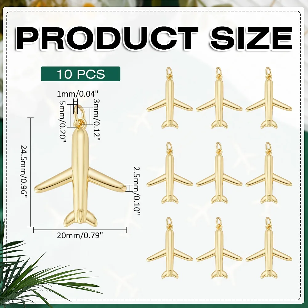 

10Pcs Rack Plating Brass Pendants Airplane with Jump Ring Cadmium Free Lead Free Long-Lasting Plated Real 18K Gold Plated