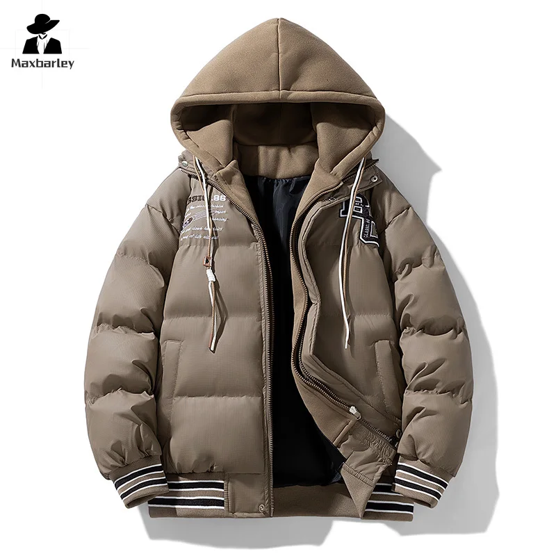 Chaqueta acolchada de invierno para hombre, Parka cálida a prueba de viento con capucha falsa de dos piezas Harajuku Street, abrigo grueso de nieve holgado informal para hombre 2024