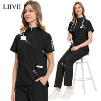 Uniformes negros de moda para mujer, ropa de trabajo de belleza, conjunto de ropa médica para médico, enfermera, enfermería, conjuntos de pantalones y Top, S-XXL