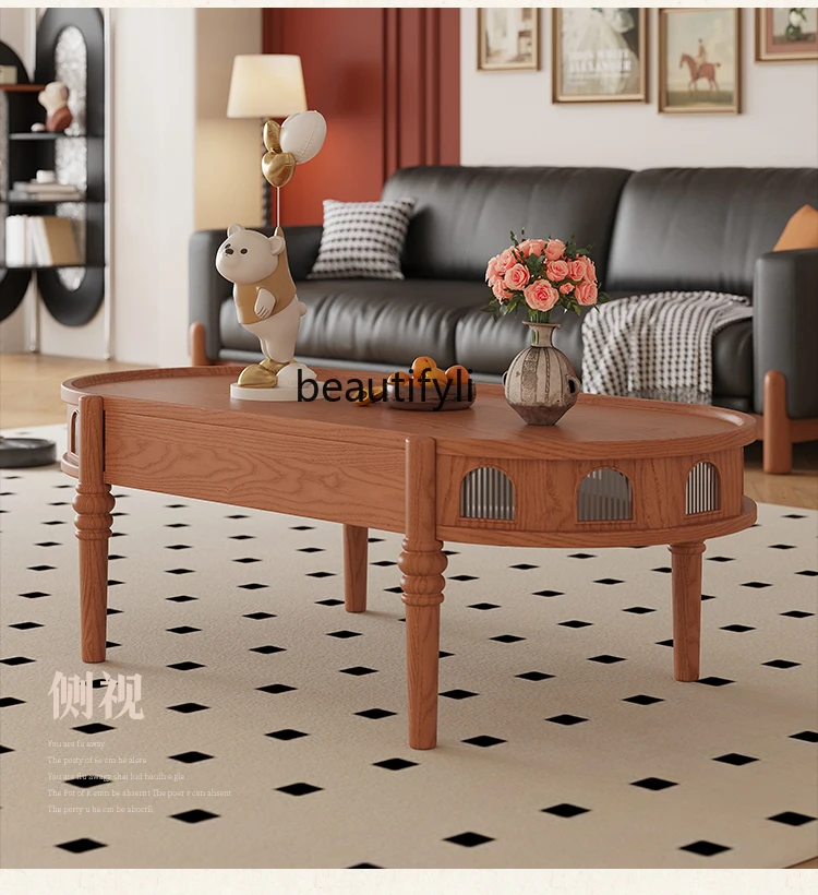 

Solid Wood Tea Table Modern Minimalist Living Room Home Tea Table Balcony Oval Tea Table