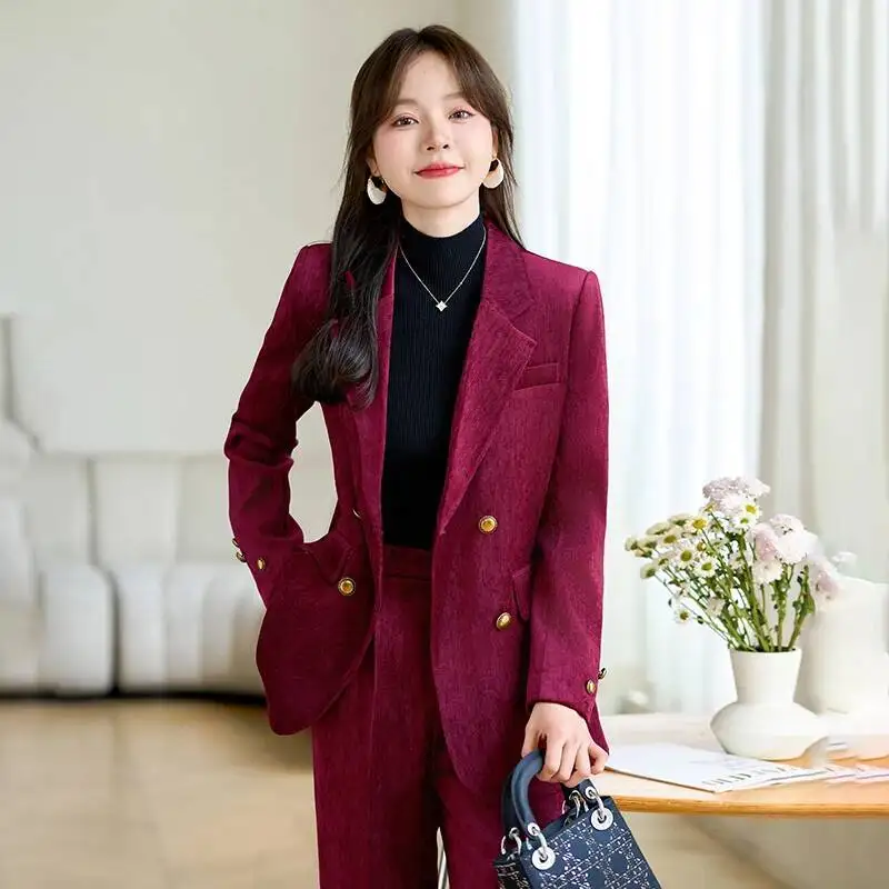 

Formal Uniform Styles Female Pantsuits Women Velvet Autumn Winter Professional Office Work Wear Career Interview Trousers Set