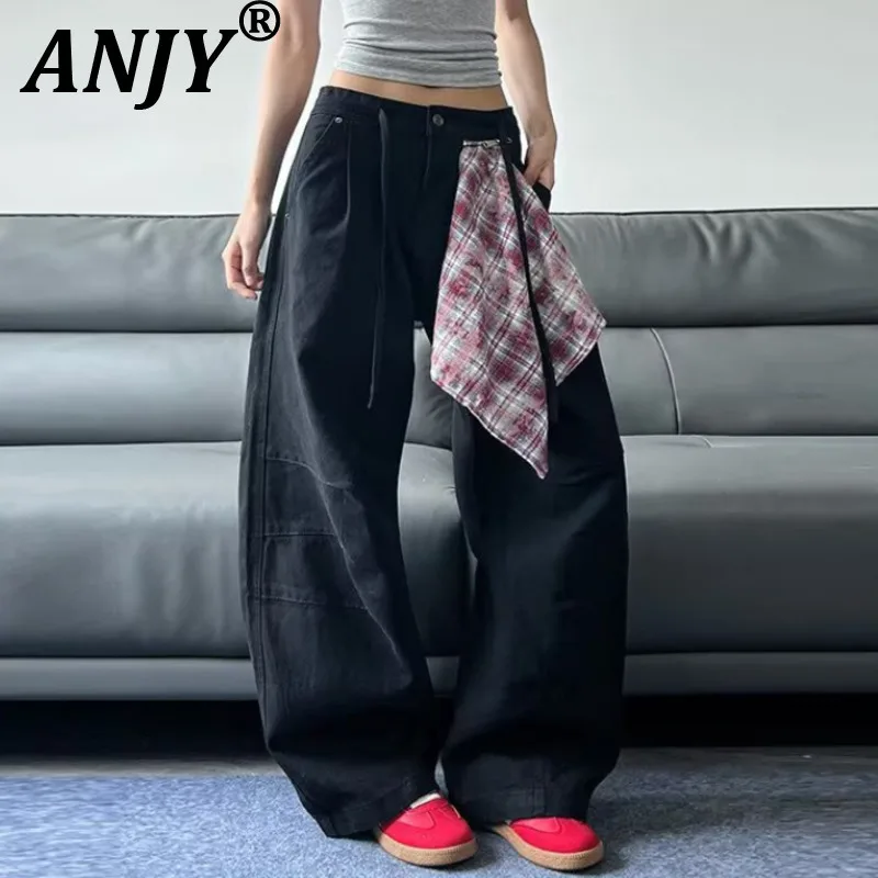

ANJY Autumn New Women Y2K Jeans Plaid Decorative Pocket Washed Denim American Retro High Street Casual Ins Wide Leg Pants A10160