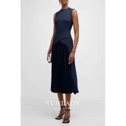 YUNLAN Saudi Sleeveless Navy Blue Pleated Skirt Midi Evening Gown 2024 Middle East Ladies Wedding Prom Guest Formal Party Dress