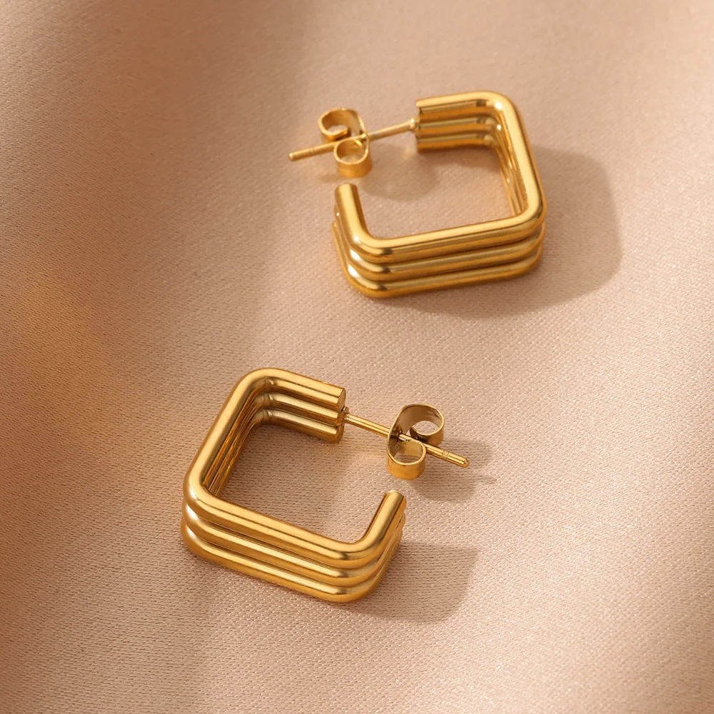Square Stainless Steel Earrings for Women Piercing Gold Color Stud Earrings 2024 Trend Female Aesthetic Ear Jewelry aretes mujer