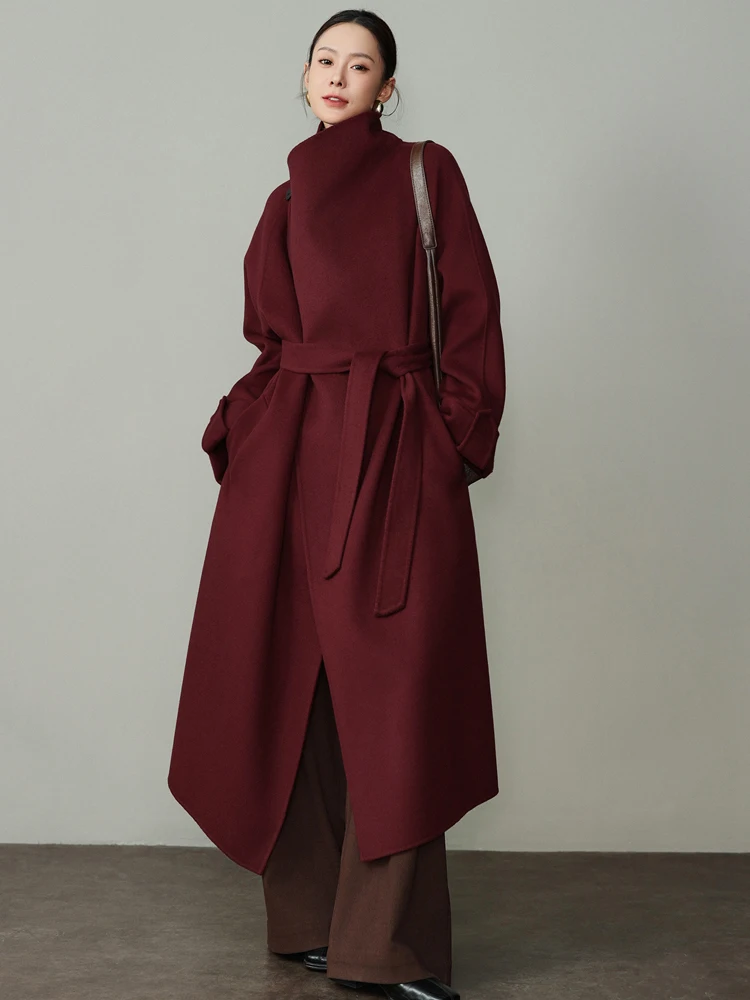 

Красное двустороннее шерстяное пальто женское с поясом, премиум-класса, с воротником-стойкой, свободного кроя, 10% кашемира, длинное, модная верхняя одежда