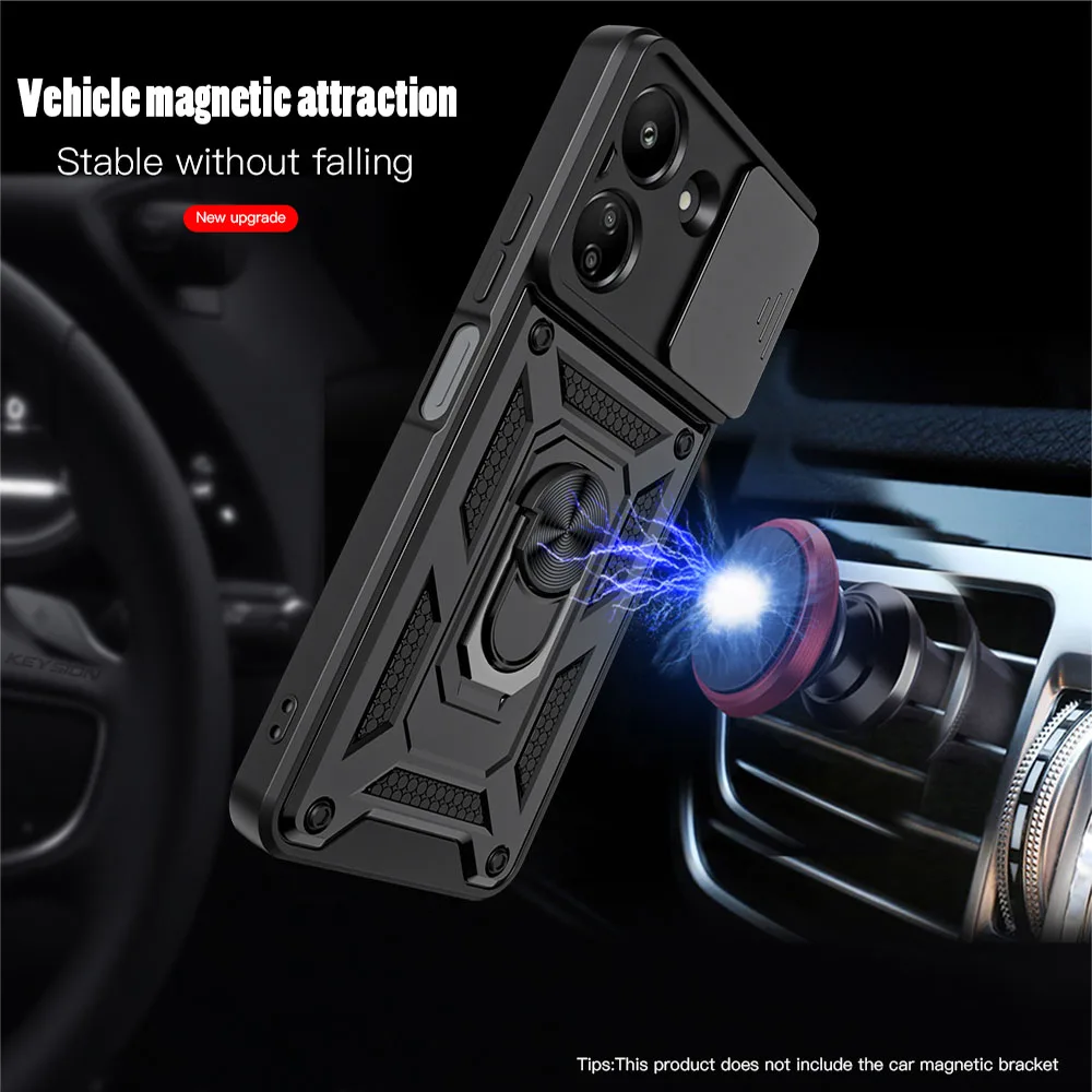 KEYSION Shockproof Armor Case for Xiaomi POCO C65 C51 C50 Slide Camera Protection Ring Stand Phone Cover for Redmi 13C 12C 10C