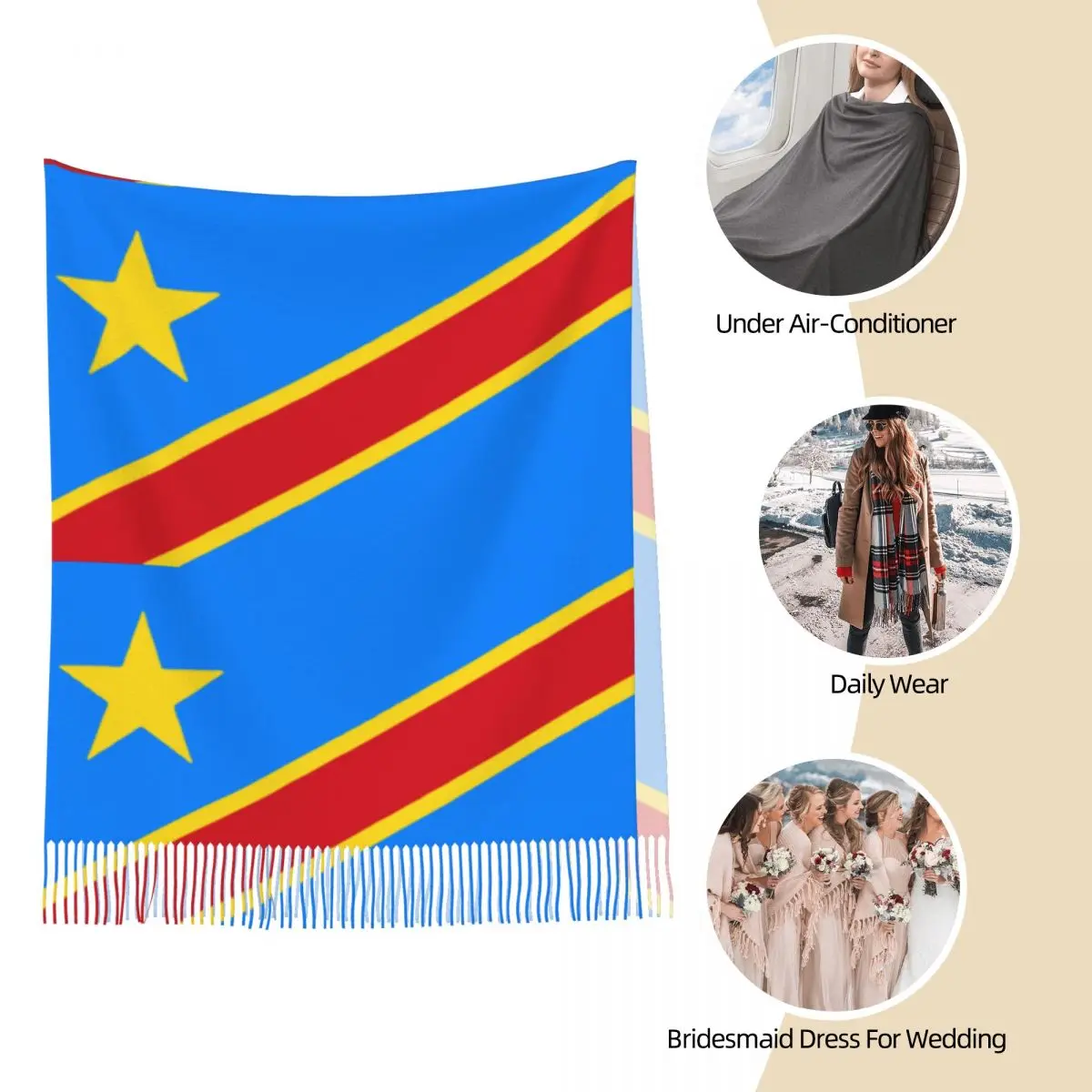 Flag Of Congo Kinshasa Zaire Scarf for Women Warm Winter Shawl Wrap Long Scarves with Tassel for Ladies