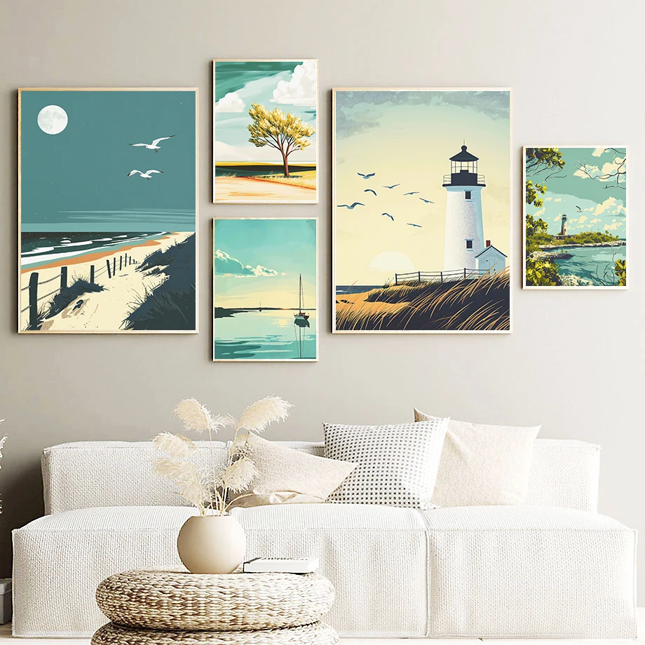 Póster de paisaje de faro del Parque Nacional, gaviota minimalista, playa, gaviotas, arte de pared, lienzo, decoración para el hogar y la sala de estar