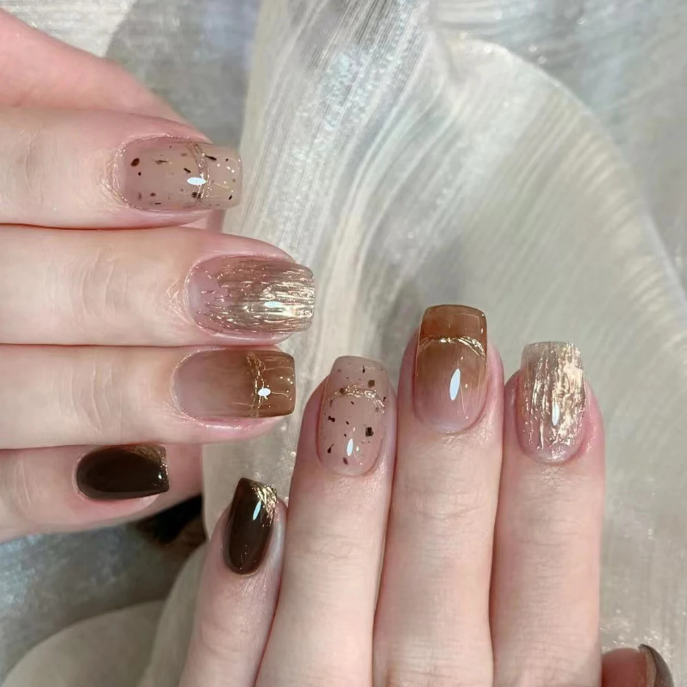 

10Pcs Gold Mirror Square Handmade Press on Nails Winter Brown Fake Nails Short Wearable False Nail 네일팁 Накладные Ногти Uñas