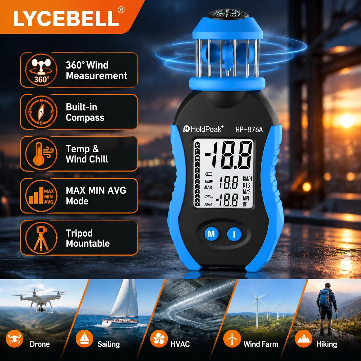 HoldPeak 876A Cup Anemometer 4-Sensor 0.7-42m/s 4 Units Compass 8-Day Standby MAX/AVG for Drone Surfing