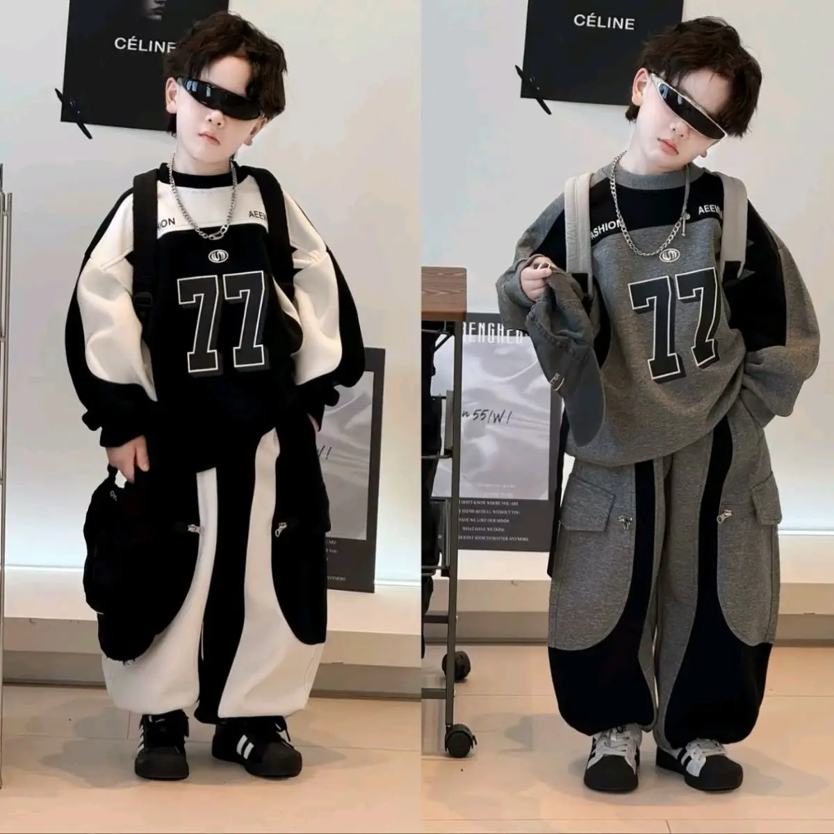

2025 Autumn and Winter Boys' Casual Suit New Children's Handsome Korean Version Alphabet Top Trousers Velvet Two-piece Set