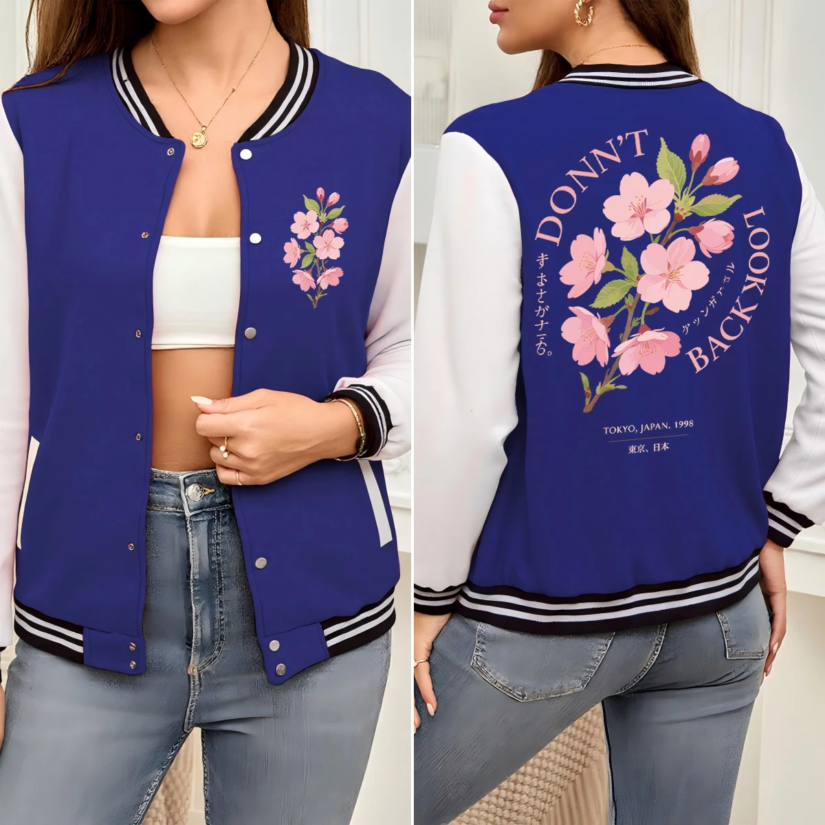 

Don'T Look Back Tokyo Flower Print Women Baseball Jacket Sport Cotton Coat All-Match Colorful Sportswear Button Oversize Tops