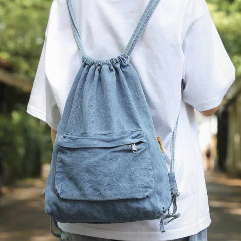 High Quality Casual Concise Denim Fabric Backpack 2024 Drawstring Light Large Capacity Versatile New Western Style School Bags