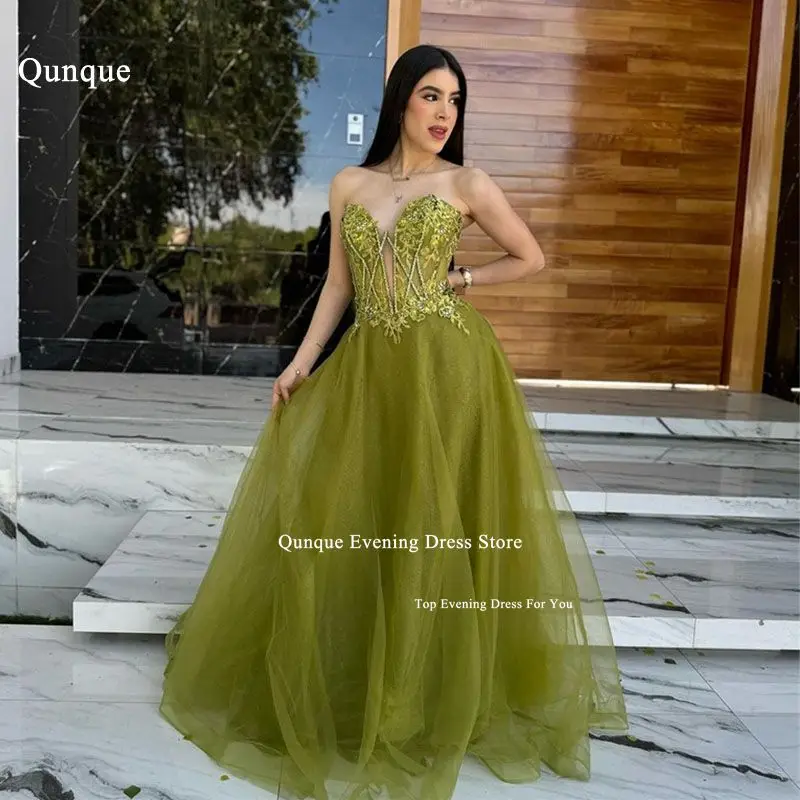 

Qunque Glitter Tulle Dubai Arabic Evening Dresses Detachable Ruched Puff Sleeves Prom Gowns Lace Appliques Party Occasion Dress