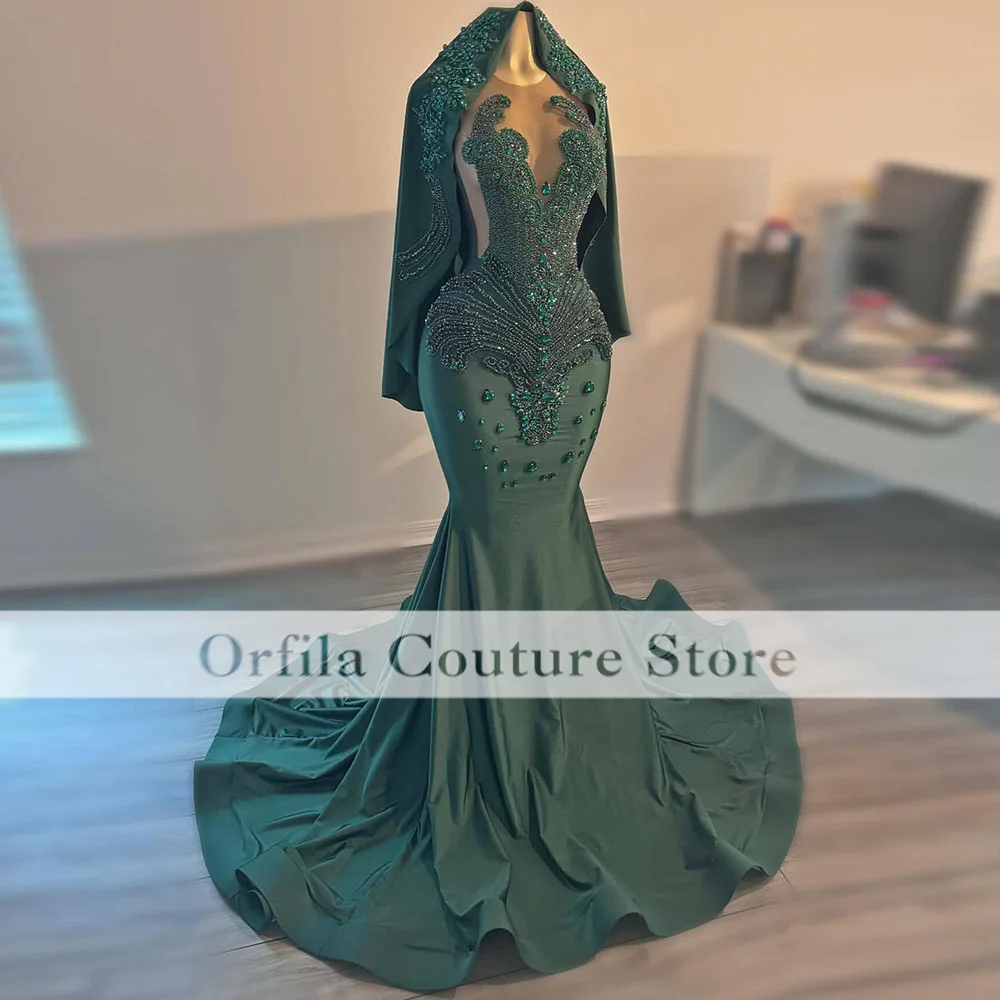 Dark Green Crystal Mermaid Prom Dresses 2025 Rhinestone Party Gowns Satin Long Homecoming Dress Vestidos De Gala Customized