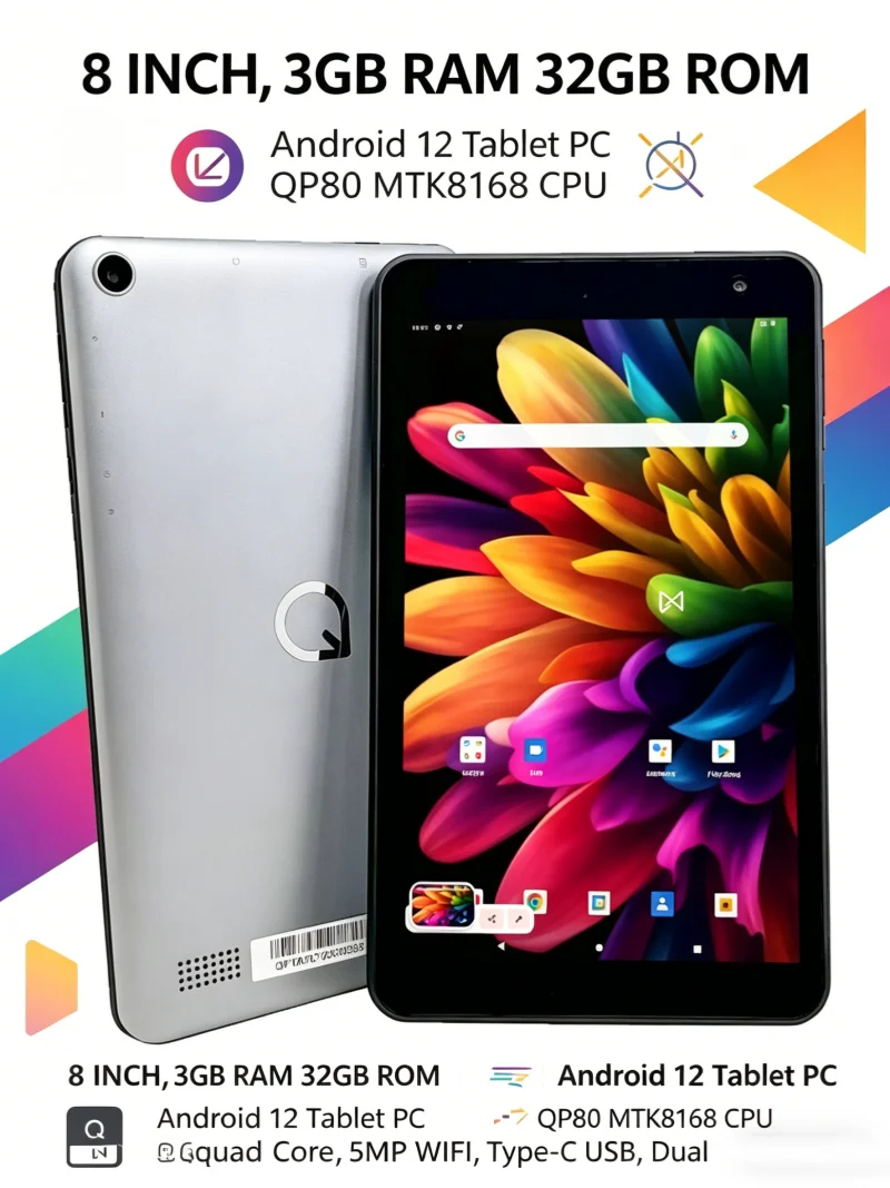 8 INCH T10 Android 12 Tablet PC 3GB RAM 32GB ROM QP80 MTK8168 CPU Quad Core 5MP WIFI Type-C USB Touch Film  Dual Camera
