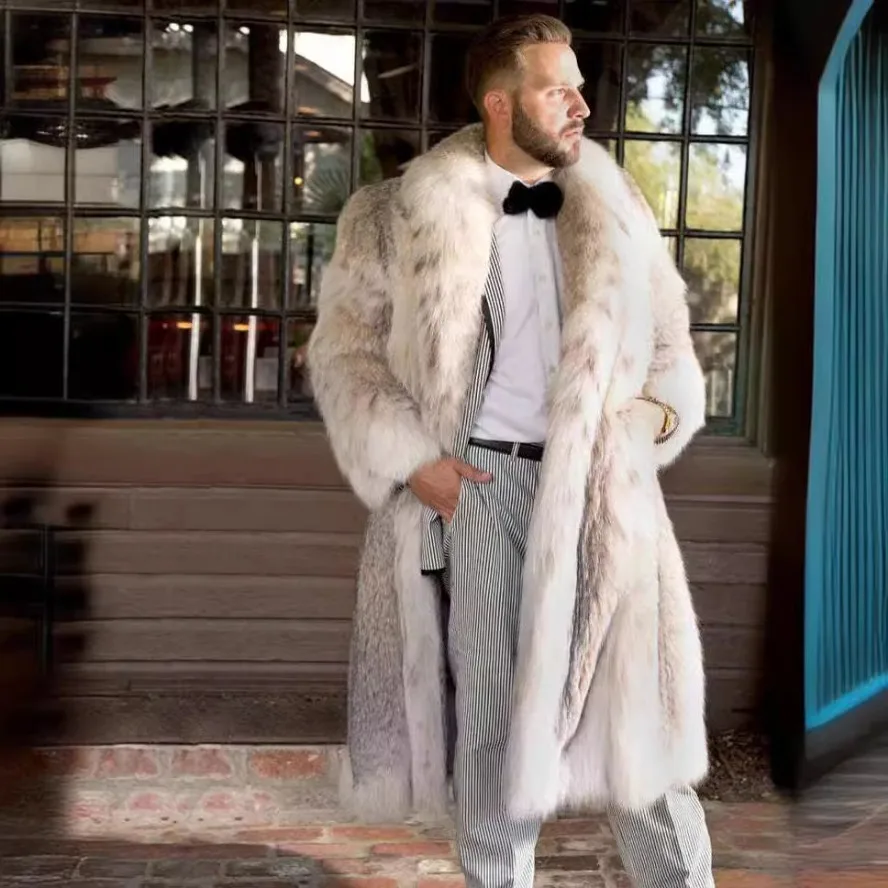 

Luxury Brand Fur Coat Men's Mid-length Faux Fur Jacket Lynx Leopard Print Faux Fox Fur Coat Men's Winter Warm Mens Coats