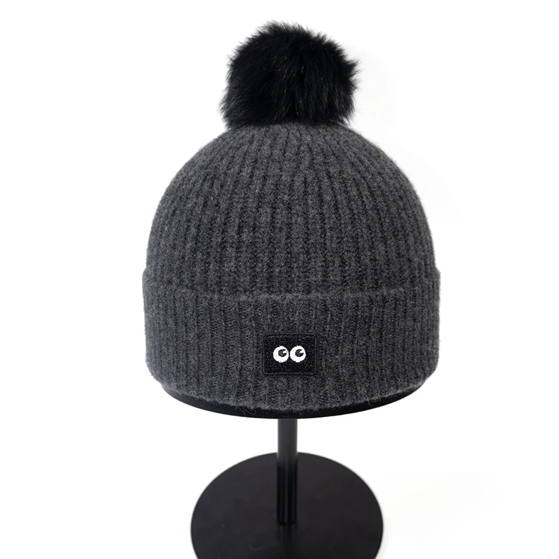 Hat Kids Boy Winter Beanie Wool Knit Pompom Of Real Fox Fur Gray Autumn Warm Accessory For Outdoor Skiing