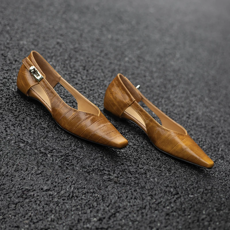 Genuine Leather Cowhide Women Sandals, Metal Belt Buckle Hollow 1CM Low Heel Sexy Women Shoes, Fashion Summer High Heels